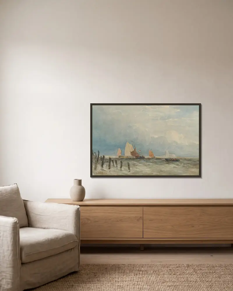Holländska fiskebåtar utanför kusten, med Grote Kerk i Dordrecht i fjärran av David Cox inramad på en vägg