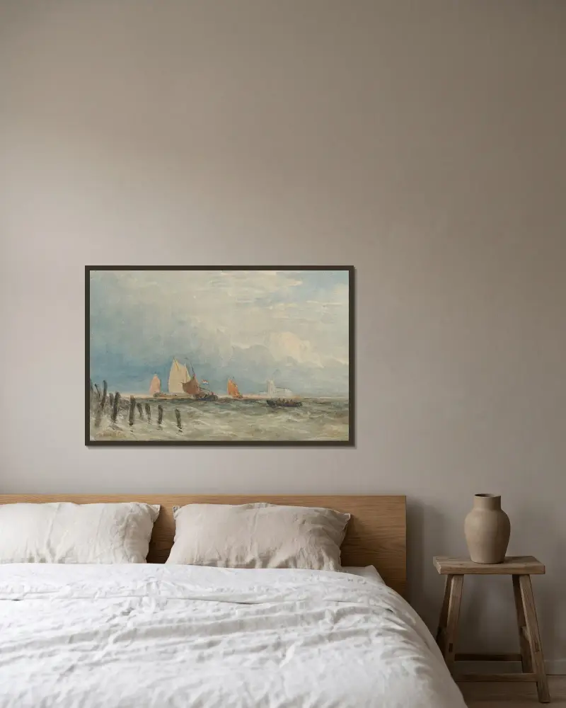 Holländska fiskebåtar utanför kusten, med Grote Kerk i Dordrecht i fjärran av David Cox inramad på en vägg