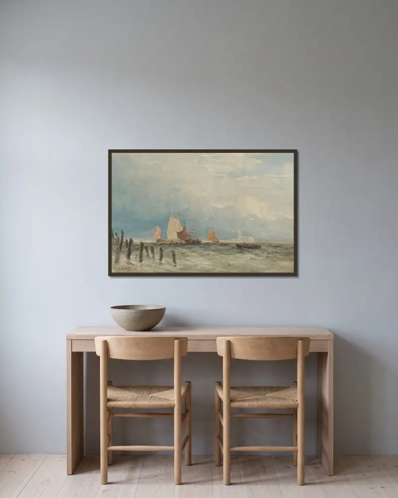 Holländska fiskebåtar utanför kusten, med Grote Kerk i Dordrecht i fjärran av David Cox inramad på en vägg