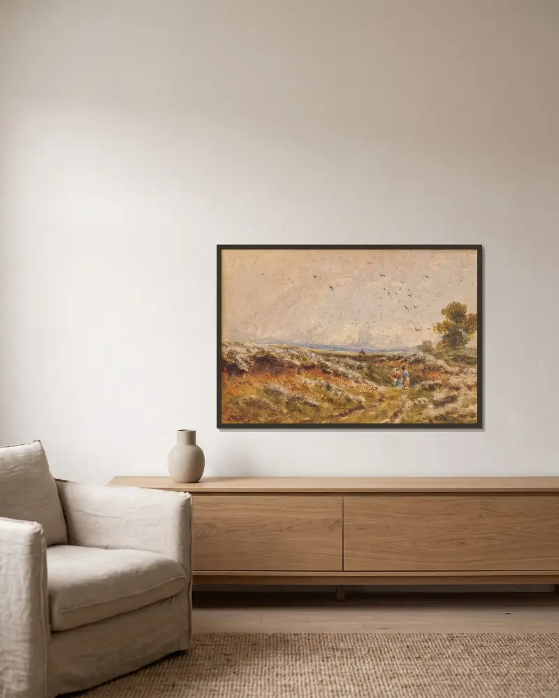 Hedlandskap av David Cox inramad på en vägg