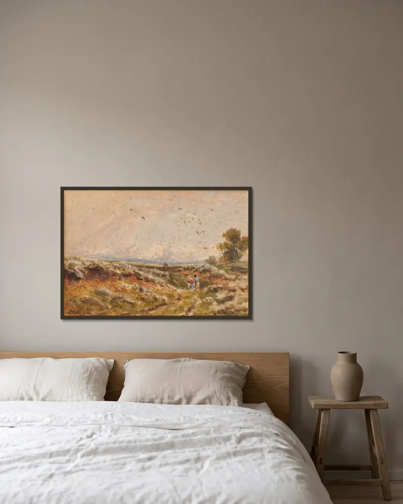 Hedlandskap av David Cox inramad på en vägg