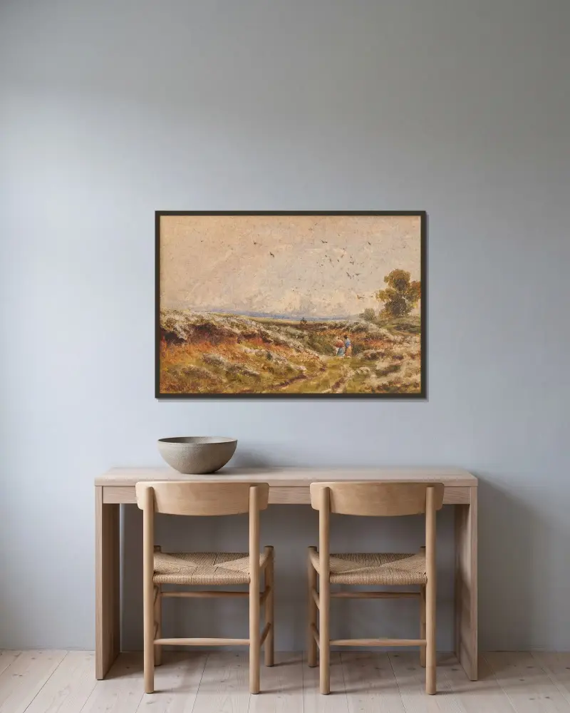 Hedlandskap av David Cox inramad på en vägg