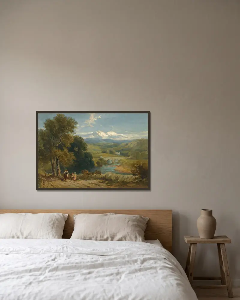 Landskap med utsikt mot Bolton Abbey, Yorkshire, och floden Wharfe av David Cox inramad på en vägg