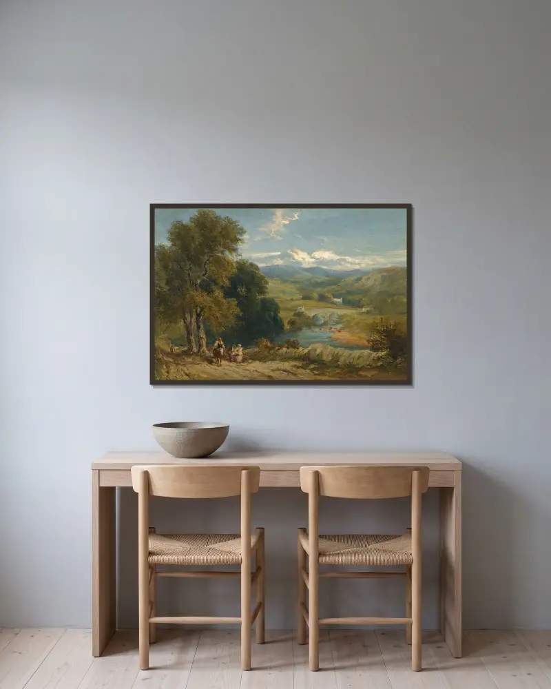 Landskap med utsikt mot Bolton Abbey, Yorkshire, och floden Wharfe av David Cox inramad på en vägg
