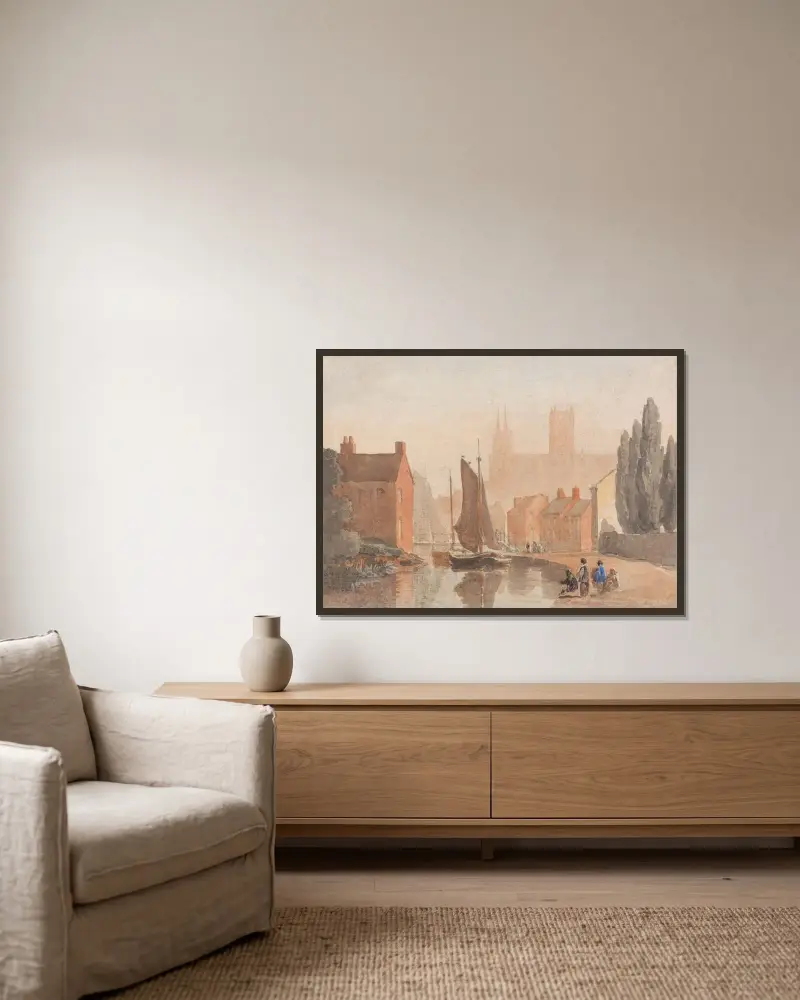 Lincoln Cathedral från Brayford Pool av David Cox inramad på en vägg