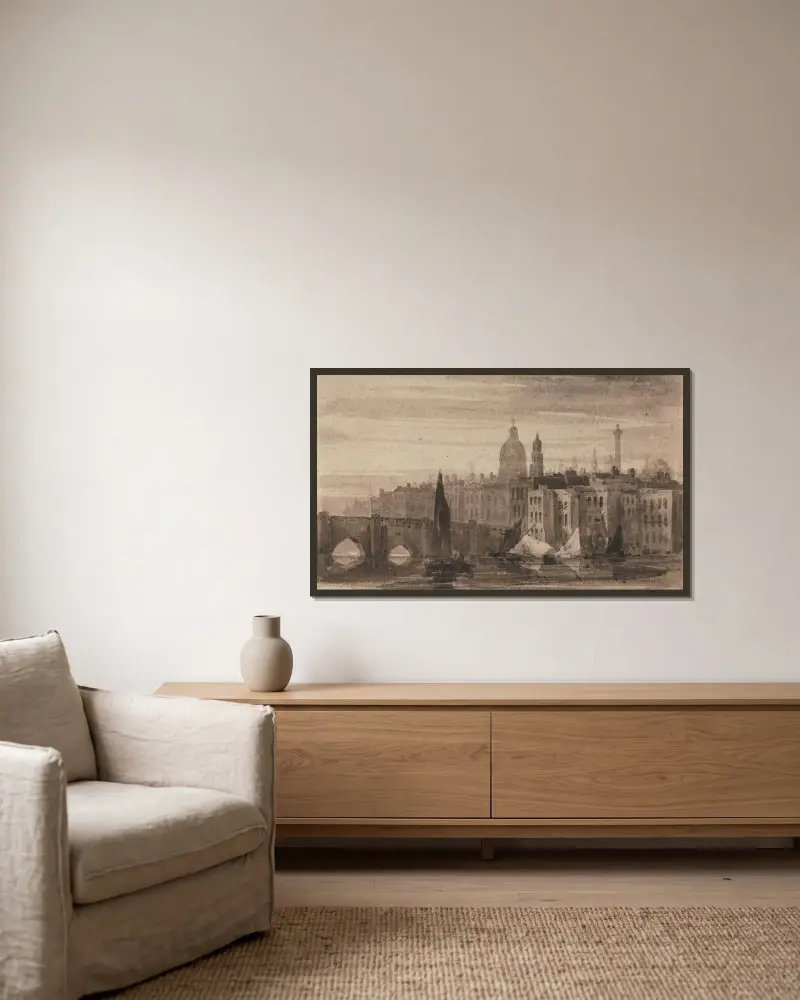 Gamla London Bridge och St. Pauls katedral från Themsen av David Cox inramad på en vägg