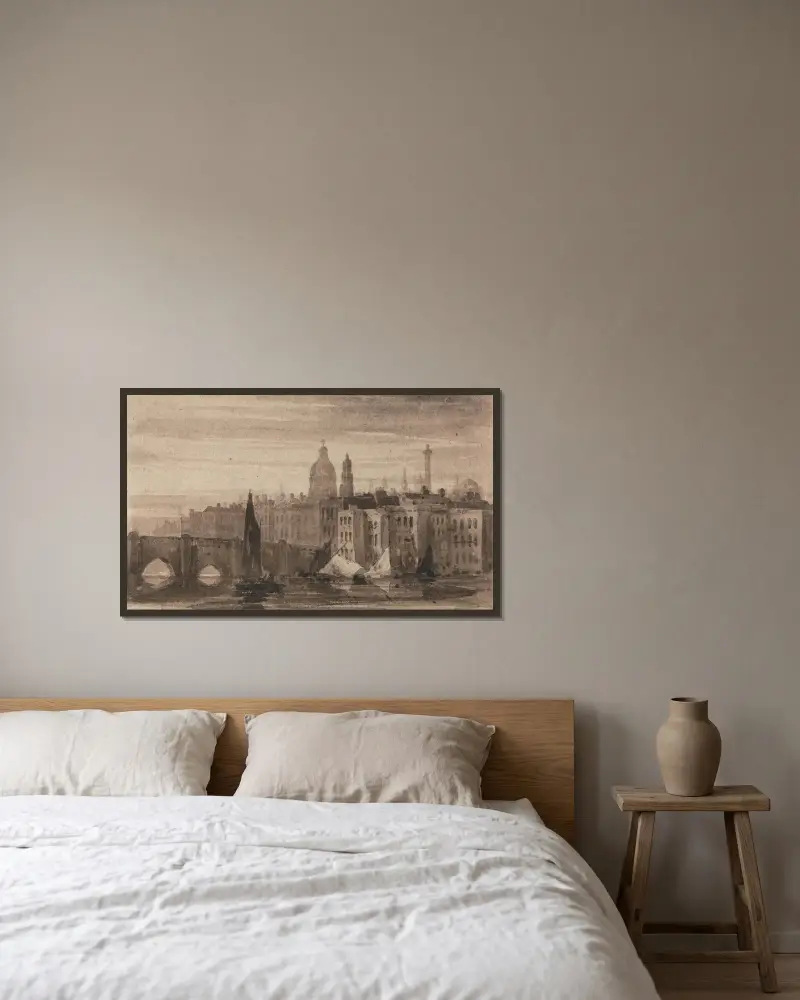 Gamla London Bridge och St. Pauls katedral från Themsen av David Cox inramad på en vägg
