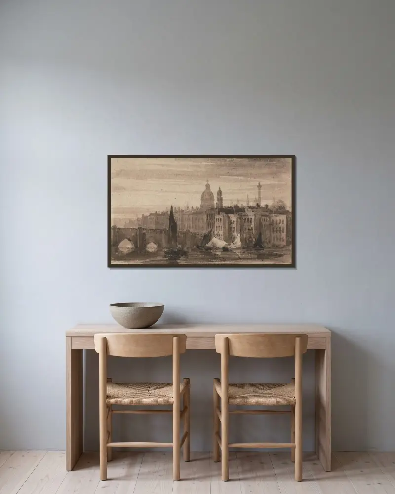 Gamla London Bridge och St. Pauls katedral från Themsen av David Cox inramad på en vägg