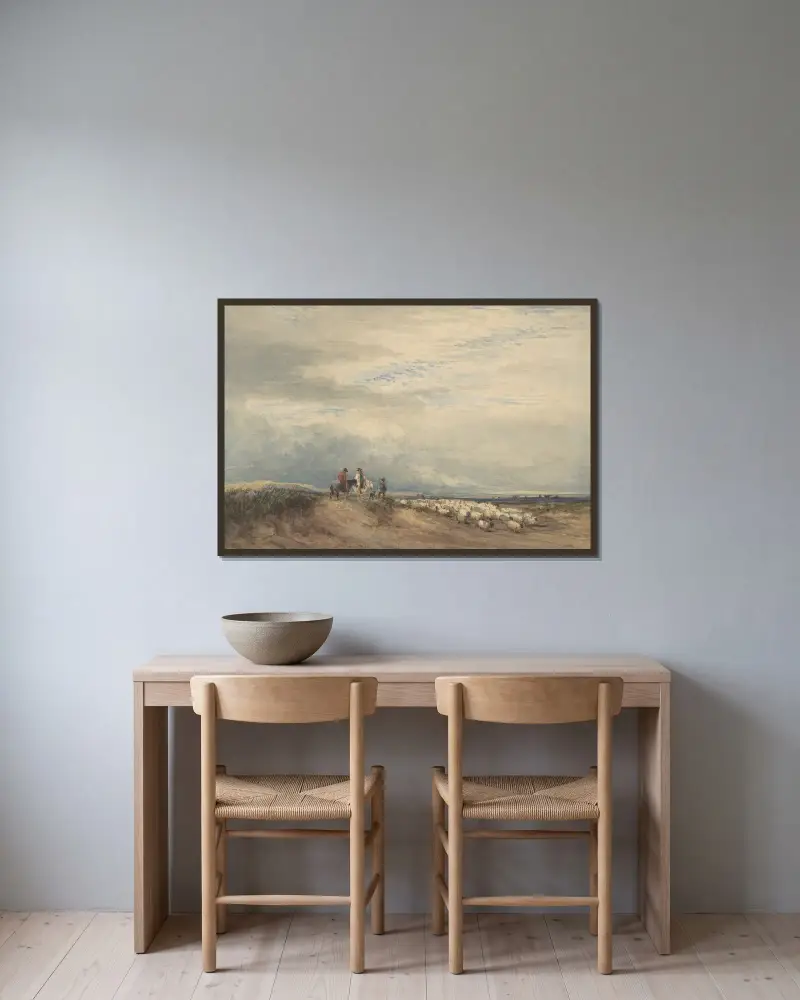 Ryttare med får vid en flodmynning av David Cox inramad på en vägg