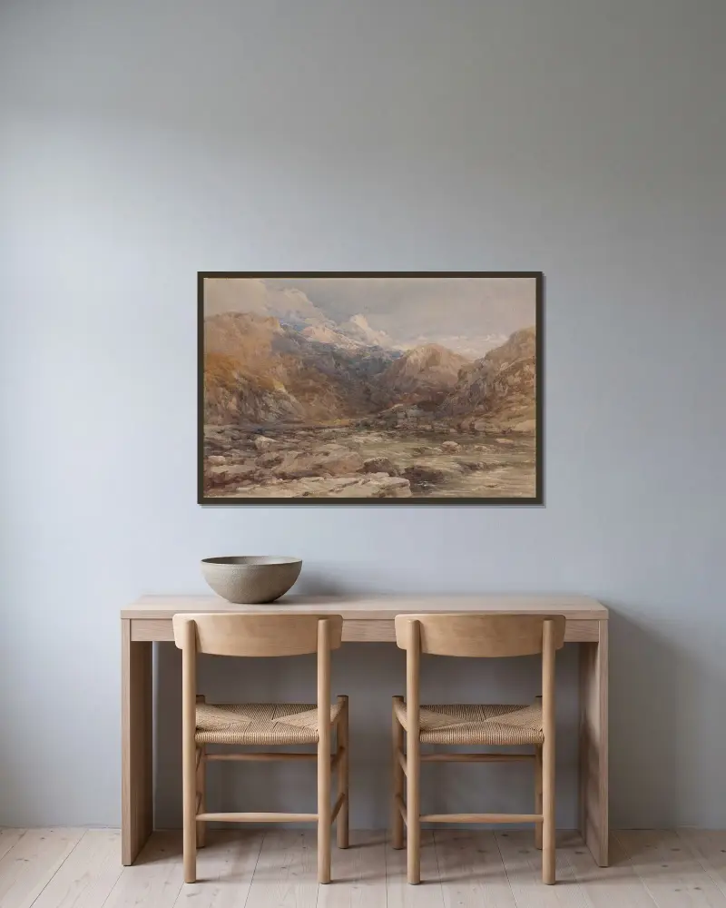 Flodlandskap i Wales av David Cox inramad på en vägg