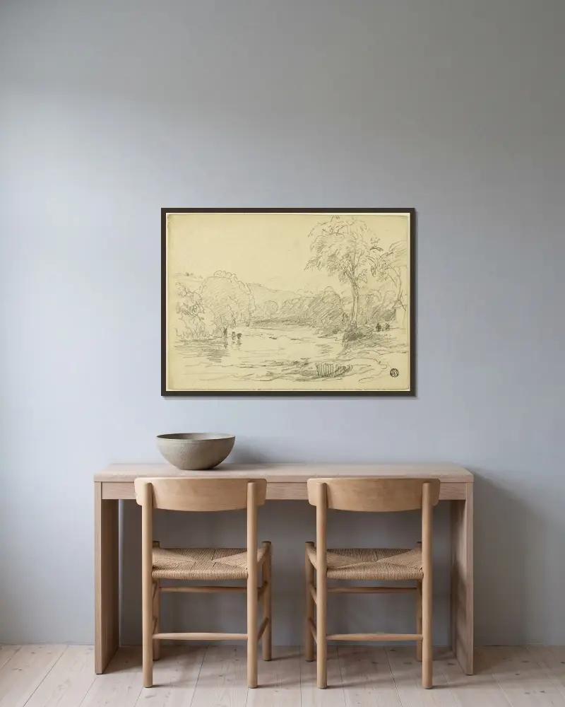 Flodvy av David Cox inramad på en vägg