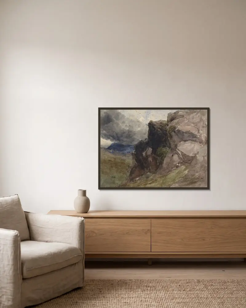 Felslandschaft in Wales mit Figurenzeichnung im Vordergrund rechts von David Cox gerahmt an einer Wand