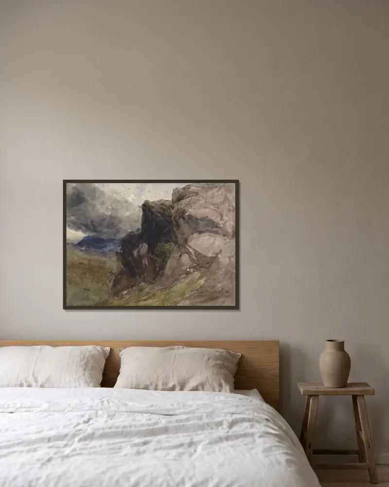Felslandschaft in Wales mit Figurenzeichnung im Vordergrund rechts von David Cox gerahmt an einer Wand