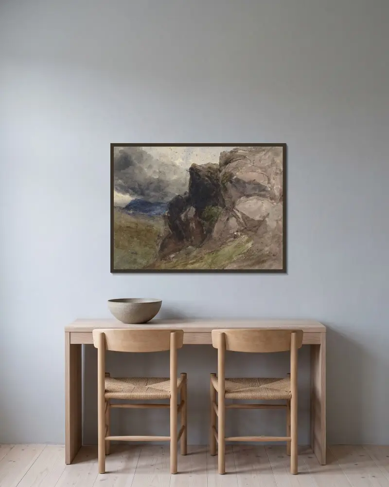Felslandschaft in Wales mit Figurenzeichnung im Vordergrund rechts von David Cox gerahmt an einer Wand