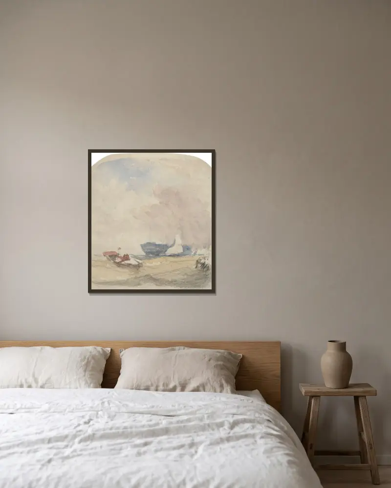 Havsstudie med skrov, segelbåt och roddbåt av David Cox inramad på en vägg