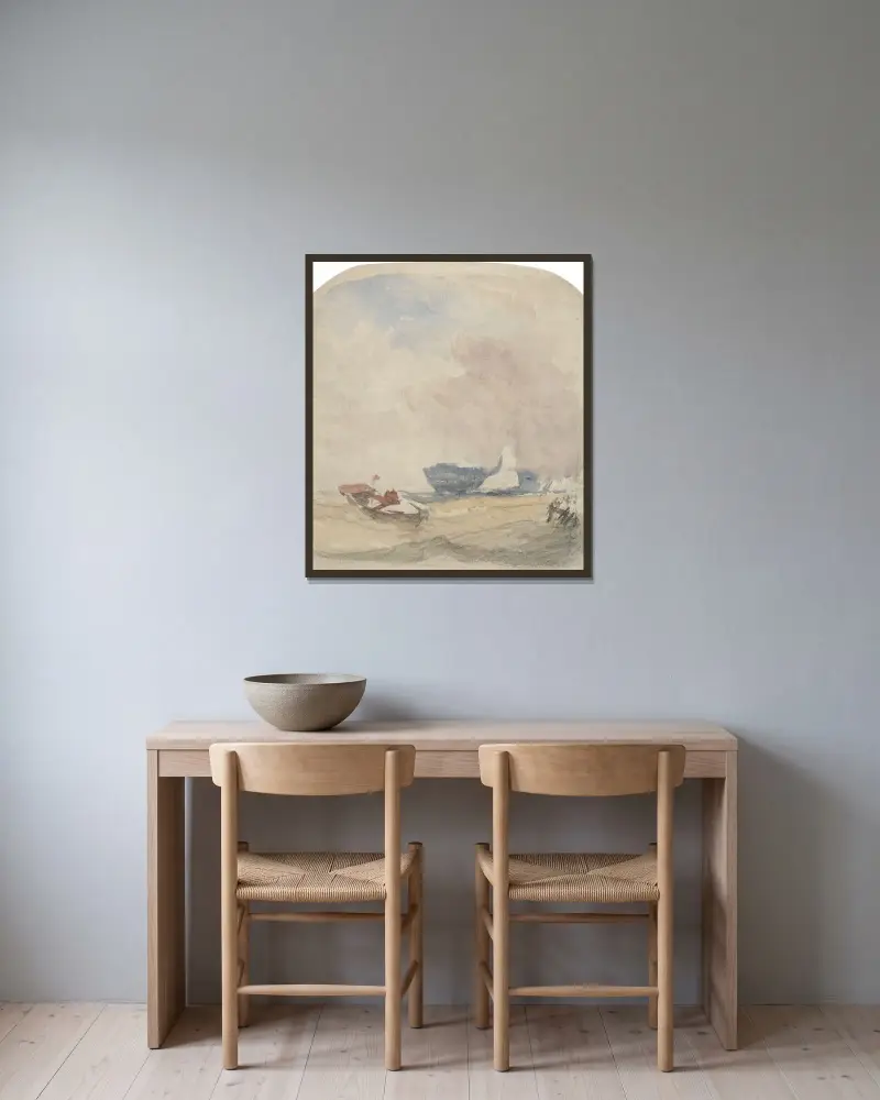 Havsstudie med skrov, segelbåt och roddbåt av David Cox inramad på en vägg