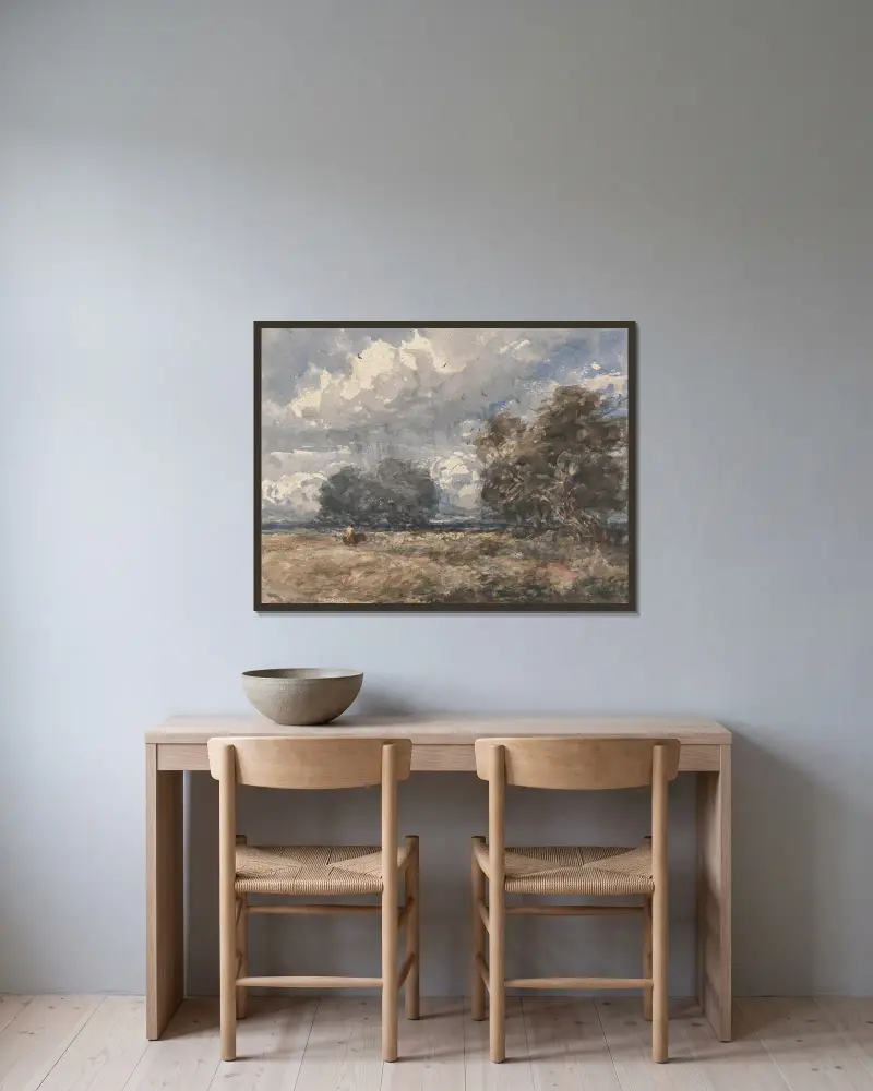 Pasení stáda, větrný den, David Cox v rámu na stěně