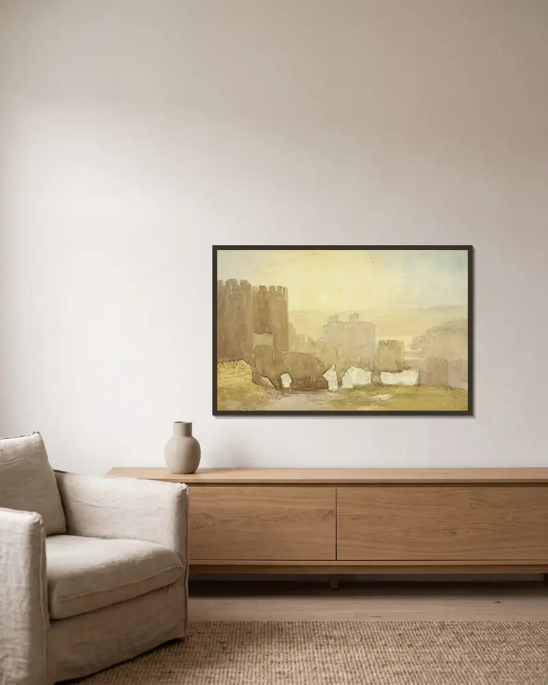 Soluppgång, Conway Castle av David Cox inramad på en vägg