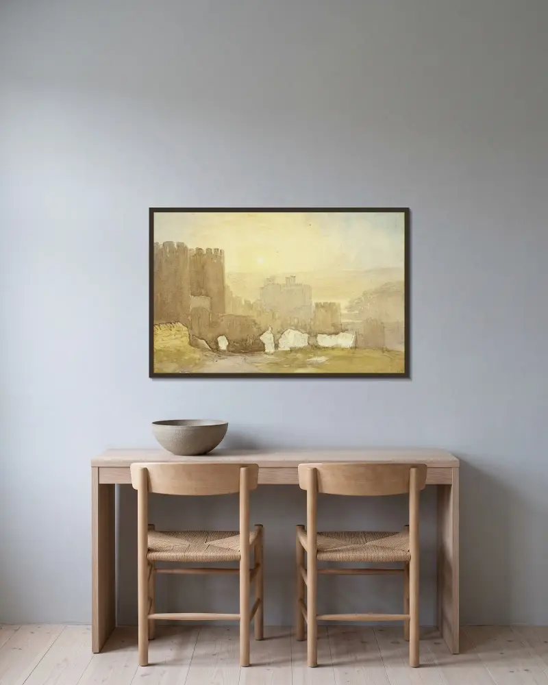 Soluppgång, Conway Castle av David Cox inramad på en vägg