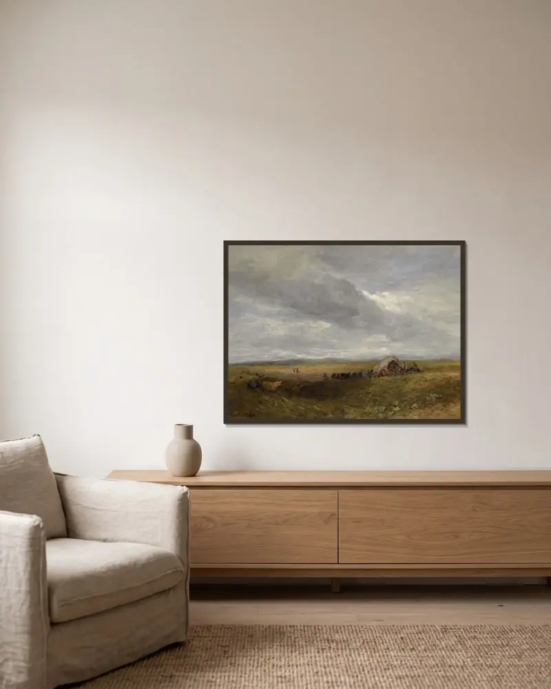 Reisende in einer Landschaft von David Cox gerahmt an einer Wand