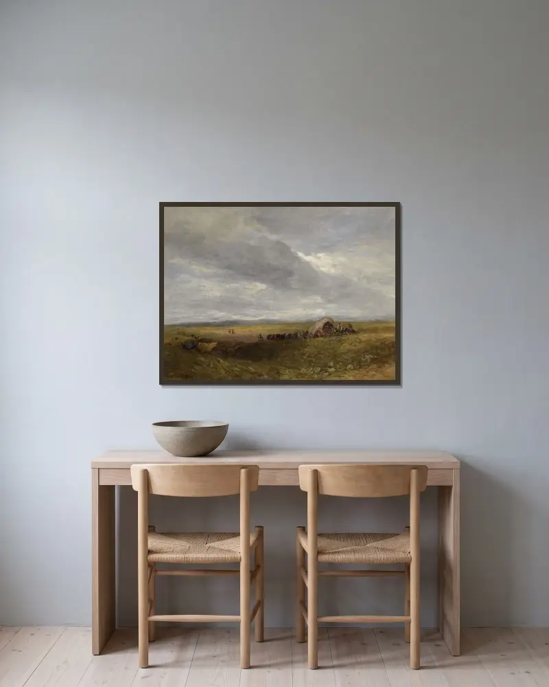 Reisende in einer Landschaft von David Cox gerahmt an einer Wand