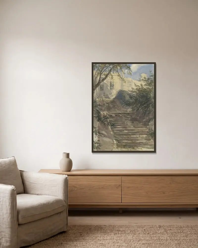 Trädgårdstrappa vid Haddon Hall (Derbyshire) av David Cox inramad på en vägg