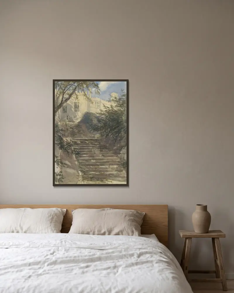 Trädgårdstrappa vid Haddon Hall (Derbyshire) av David Cox inramad på en vägg