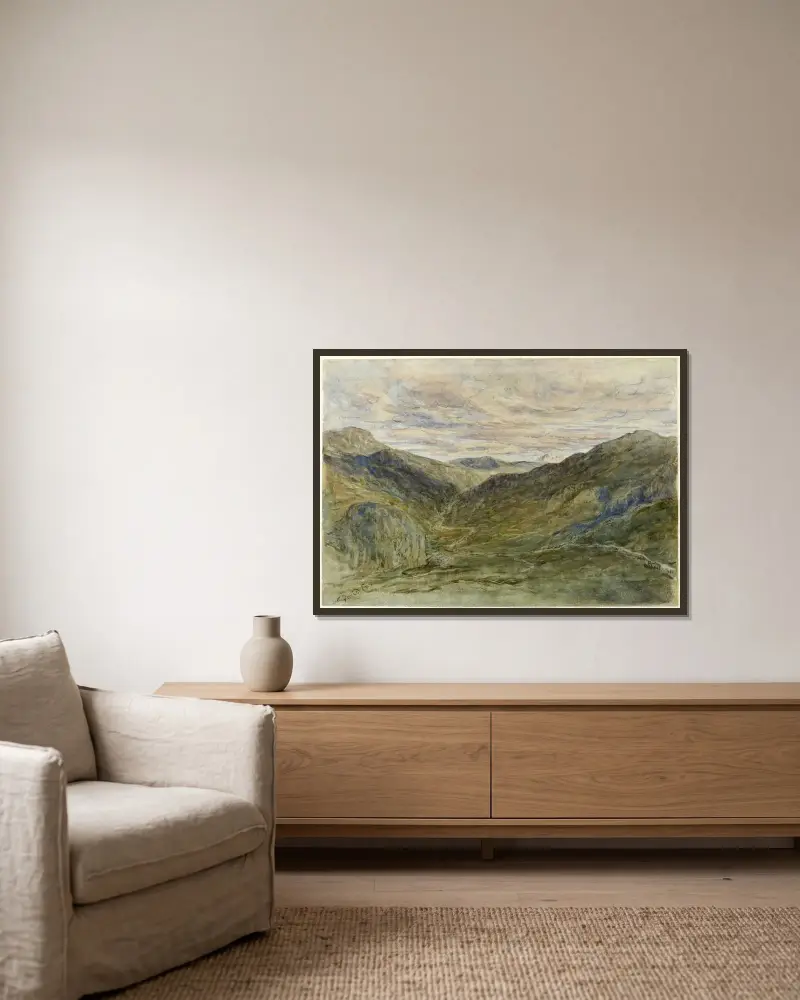 Utsikt i Wales av David Cox inramad på en vägg