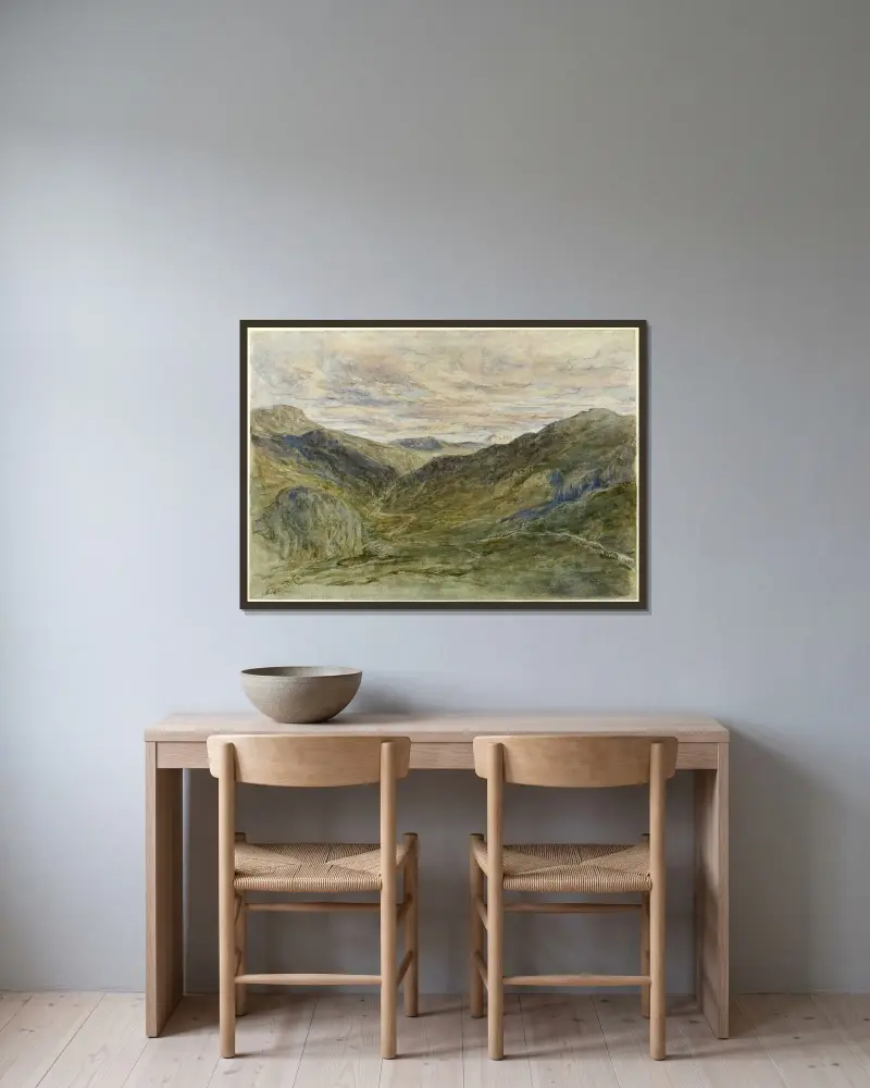 Utsikt i Wales av David Cox inramad på en vägg