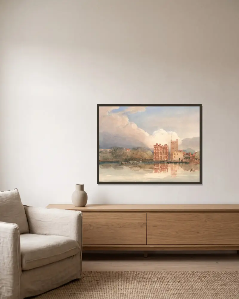 View of Lambeth Palace on Thames av David Cox inramad på en vägg