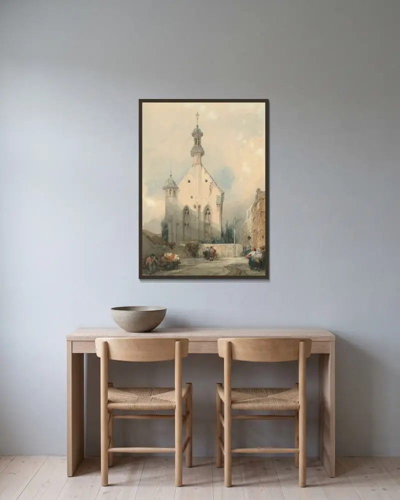 Figurer vid en kyrka i Mainz, Tyskland av David Roberts inramad på en vägg