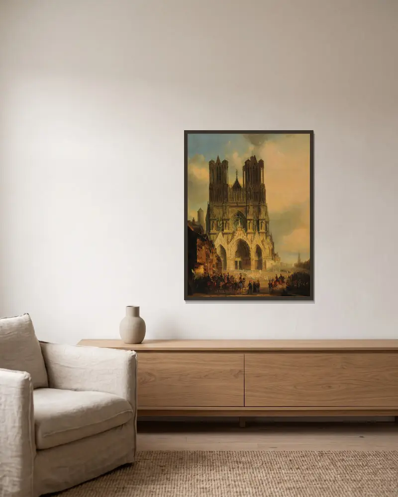 Die Fassade der Kathedrale von Reims mit einer mittelalterlichen Prozession und einem Festzug im Vordergrund von David Roberts gerahmt an einer Wand