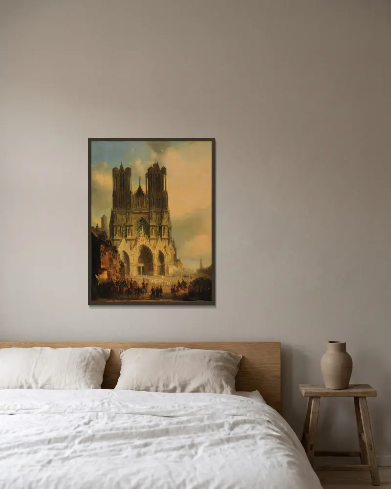 Die Fassade der Kathedrale von Reims mit einer mittelalterlichen Prozession und einem Festzug im Vordergrund von David Roberts gerahmt an einer Wand