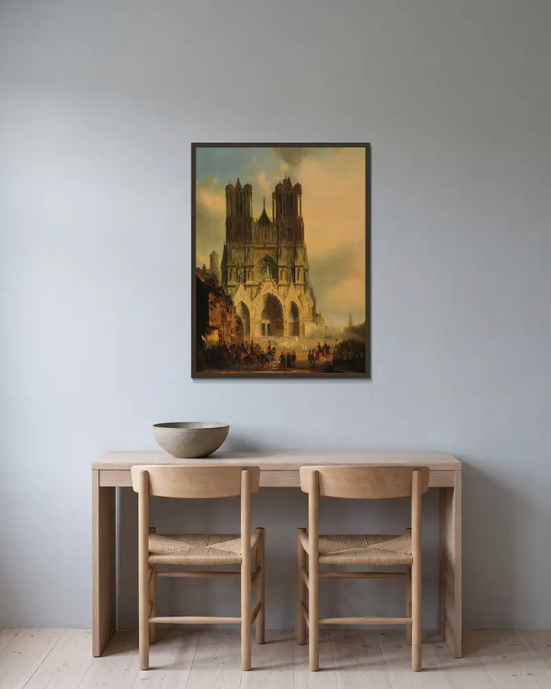 Die Fassade der Kathedrale von Reims mit einer mittelalterlichen Prozession und einem Festzug im Vordergrund von David Roberts gerahmt an einer Wand