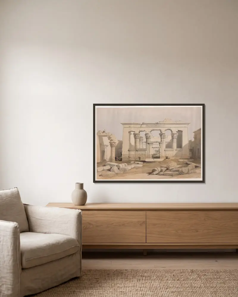 Portikus des Tempels von Kalabschi [Kalâbishah] von David Roberts gerahmt an einer Wand