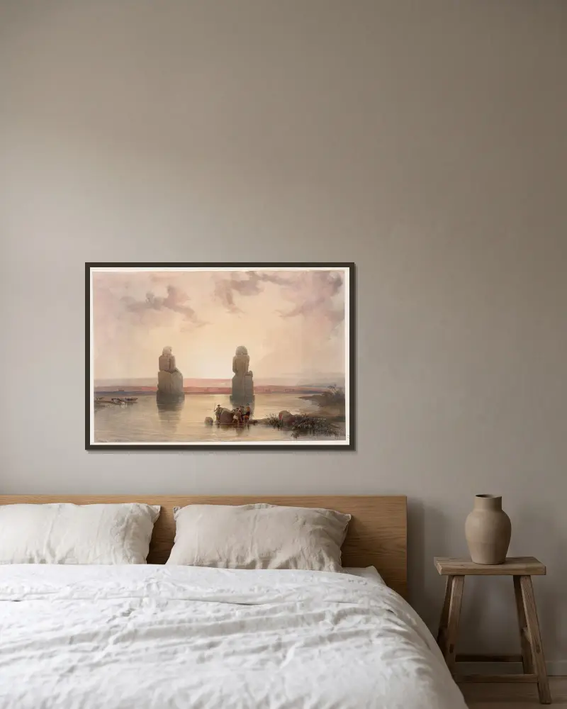 Kolosserna på Memnon vid Thebe under översvämningen av David Roberts inramad på en vägg