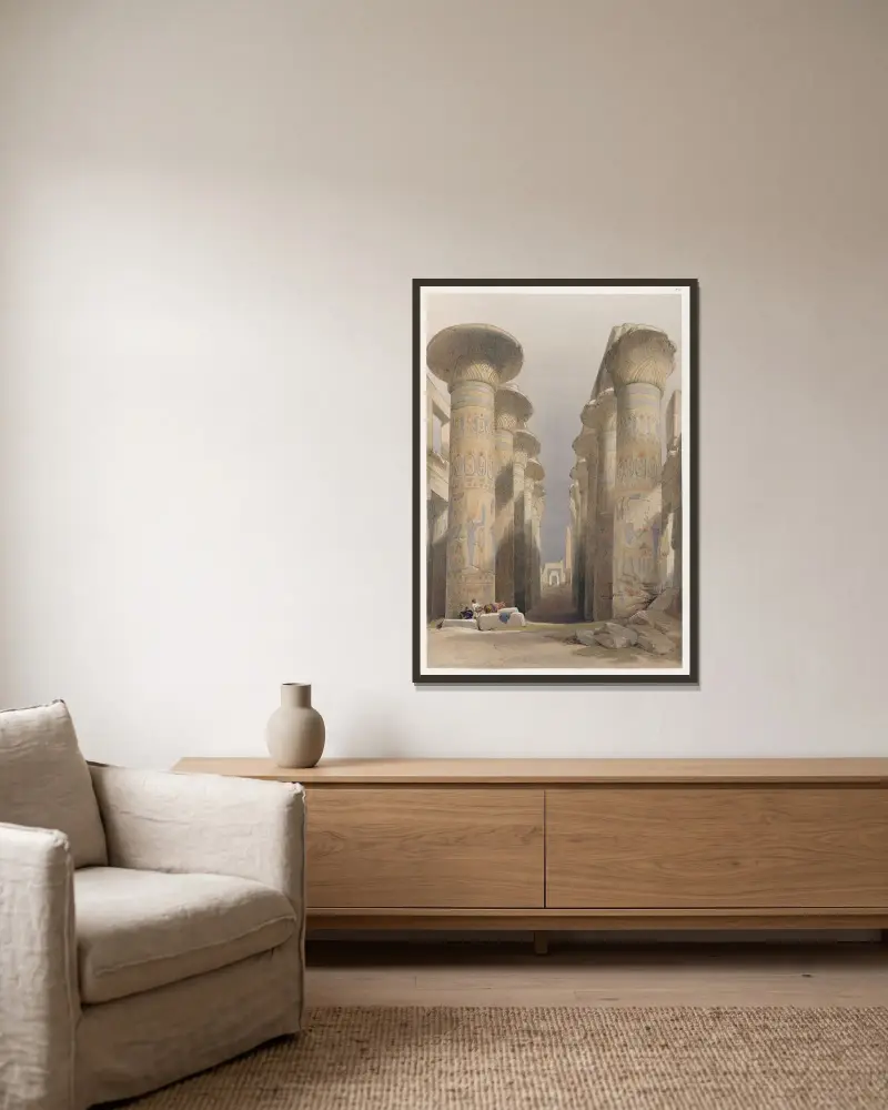 Thebes. Stora hallen i Karnak. 28 nov. 1838. av David Roberts inramad på en vägg