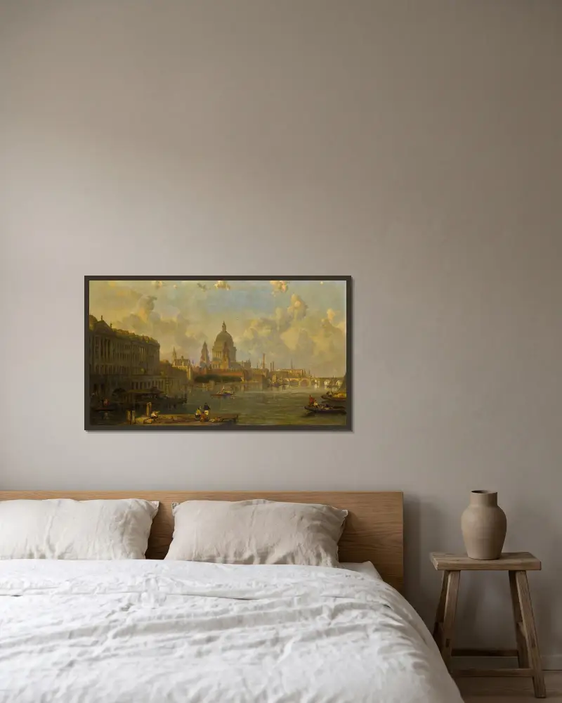 Utsikt från Waterloo Bridge mot St Pauls, Somerset House och Temple av David Roberts inramad på en vägg