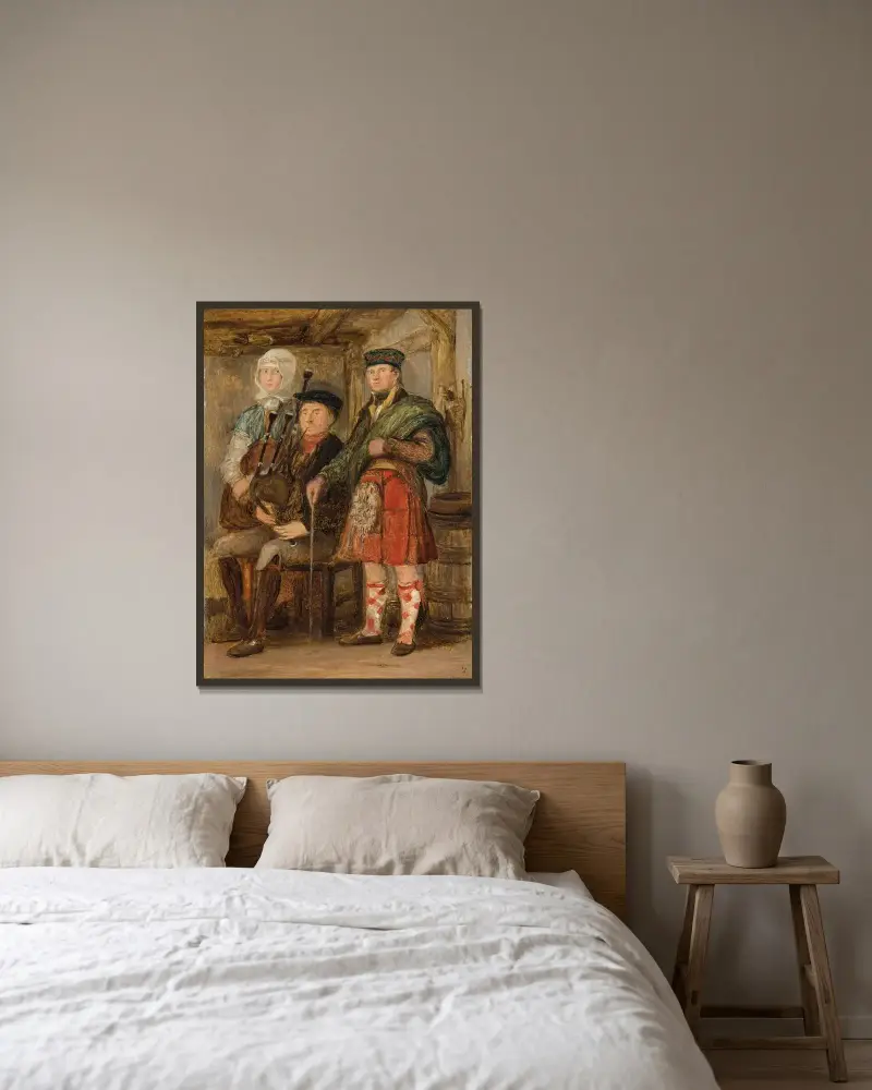 Ein Hochlandinterieur mit einem Dudelsackspieler von Sir David Wilkie gerahmt an einer Wand