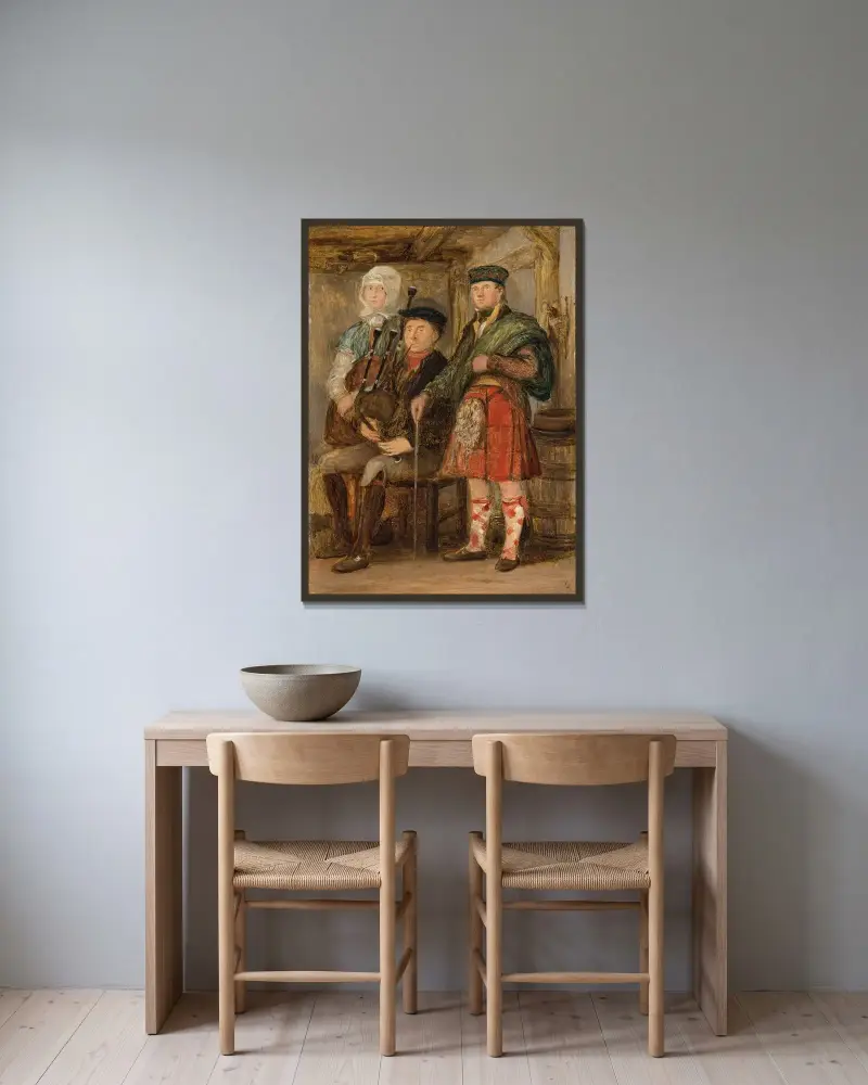 Ein Hochlandinterieur mit einem Dudelsackspieler von Sir David Wilkie gerahmt an einer Wand