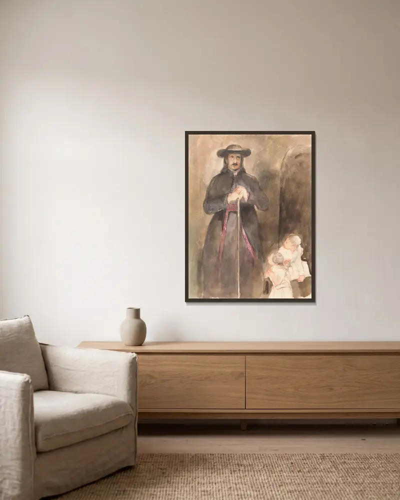 Ein Priester mit zwei Kindern von Sir David Wilkie gerahmt an einer Wand