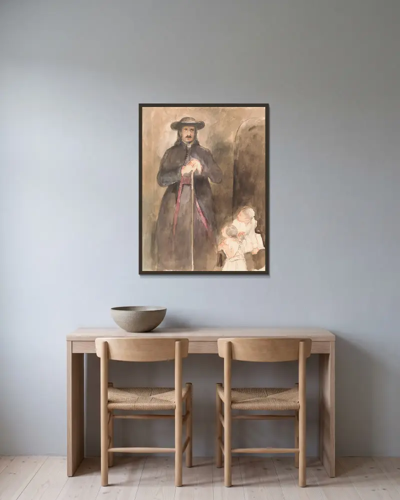 Ein Priester mit zwei Kindern von Sir David Wilkie gerahmt an einer Wand