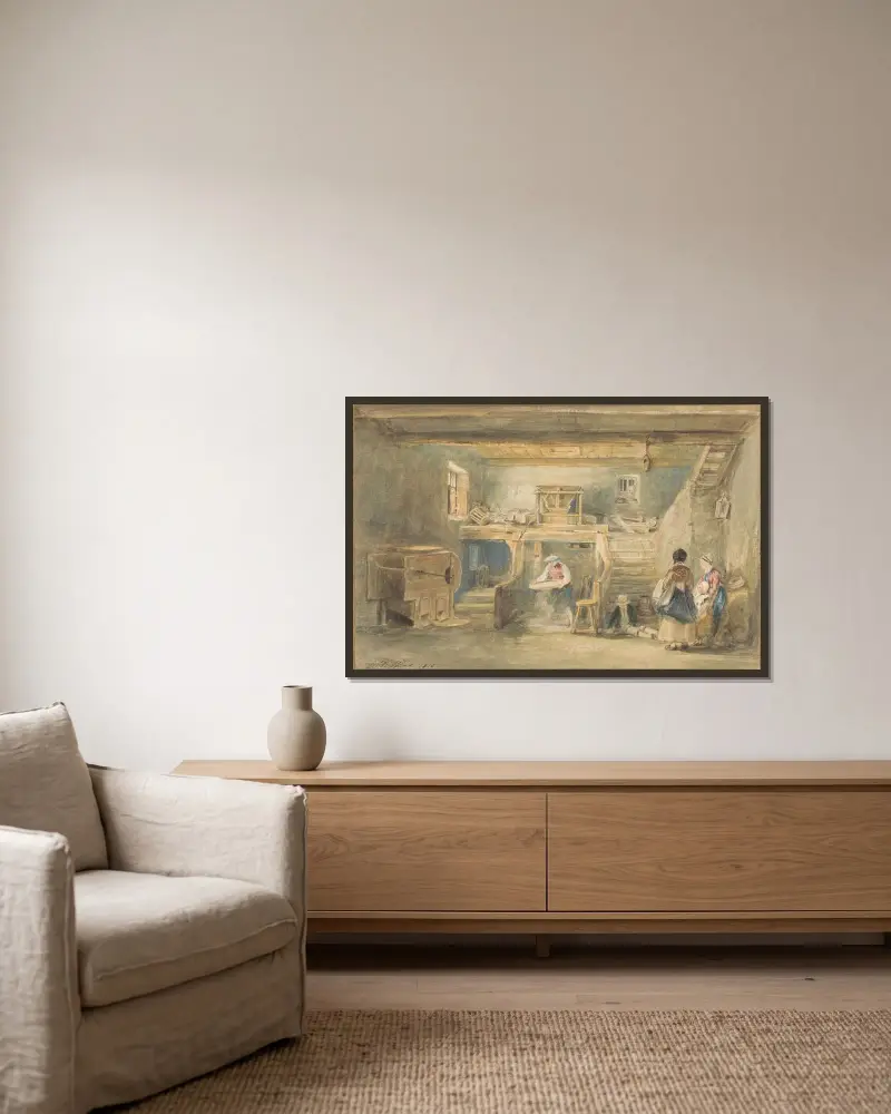 Das Innere der Mühle von Pitlessie mit einem Mann, der Korn siebt von Sir David Wilkie gerahmt an einer Wand