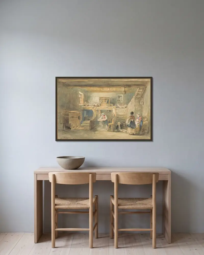 Das Innere der Mühle von Pitlessie mit einem Mann, der Korn siebt von Sir David Wilkie gerahmt an einer Wand