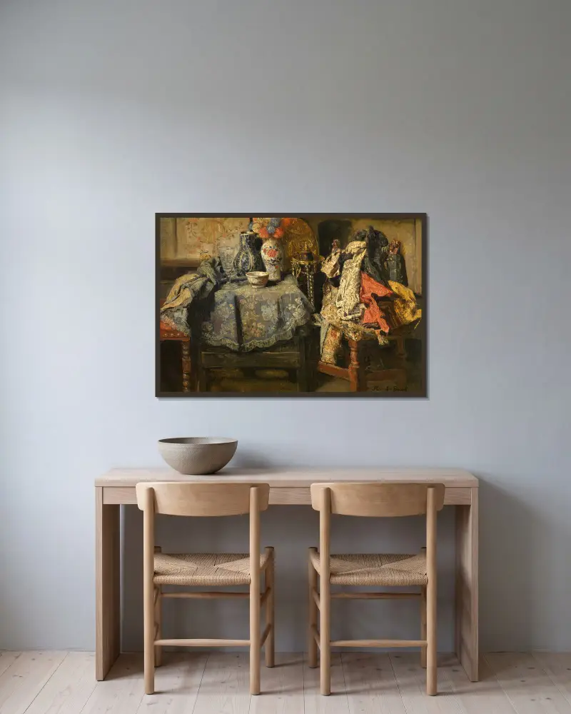 Zátiší s rekvizitami, Henri de Braekeleer v rámu na stěně
