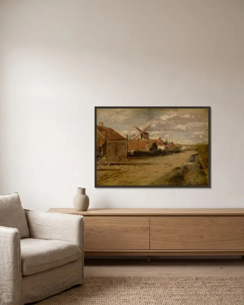 Die Mühle bei Kiel von Henri de Braekeleer gerahmt an einer Wand