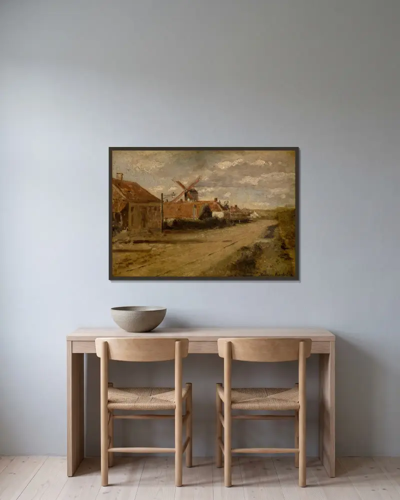 Die Mühle bei Kiel von Henri de Braekeleer gerahmt an einer Wand