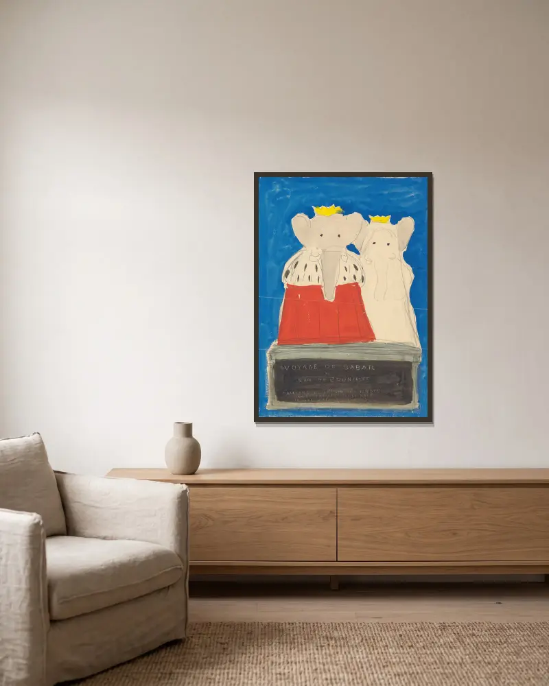 Babar reist, Tafel 1 von Jean de Brunhoff gerahmt an einer Wand