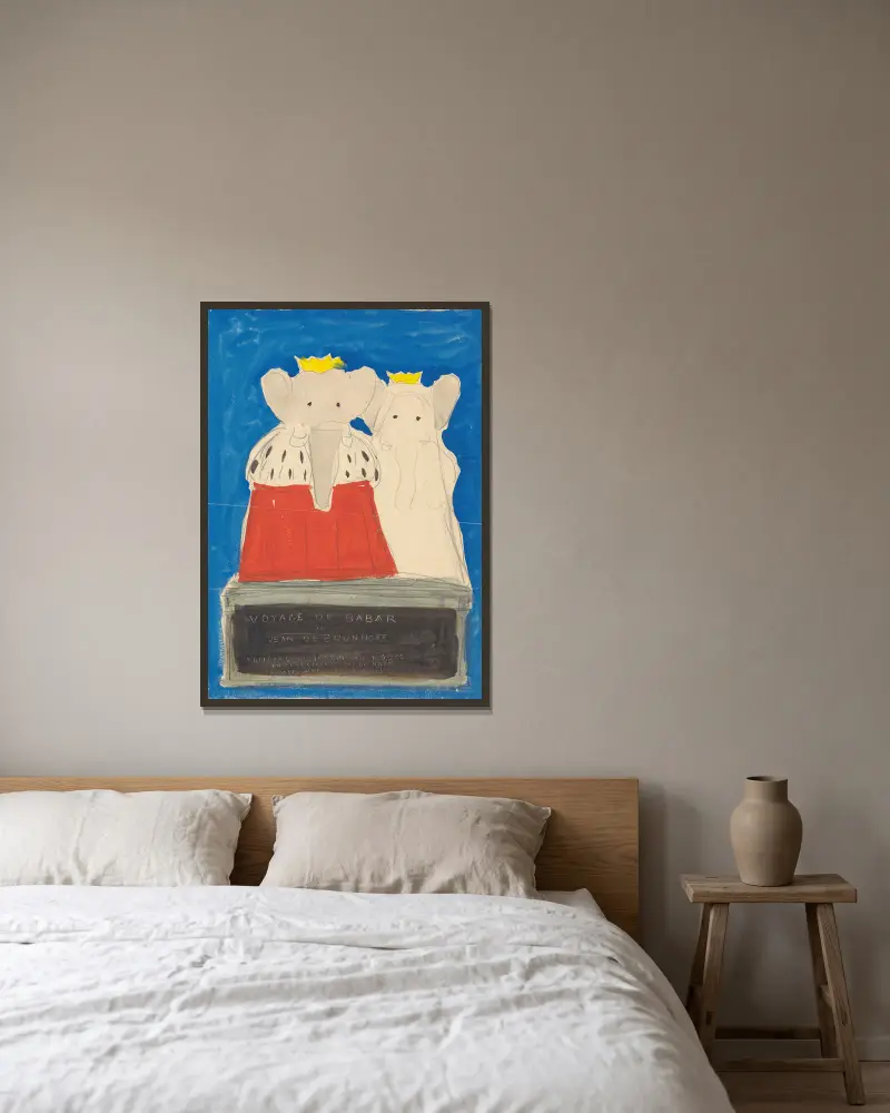Babar reist, Tafel 1 von Jean de Brunhoff gerahmt an einer Wand