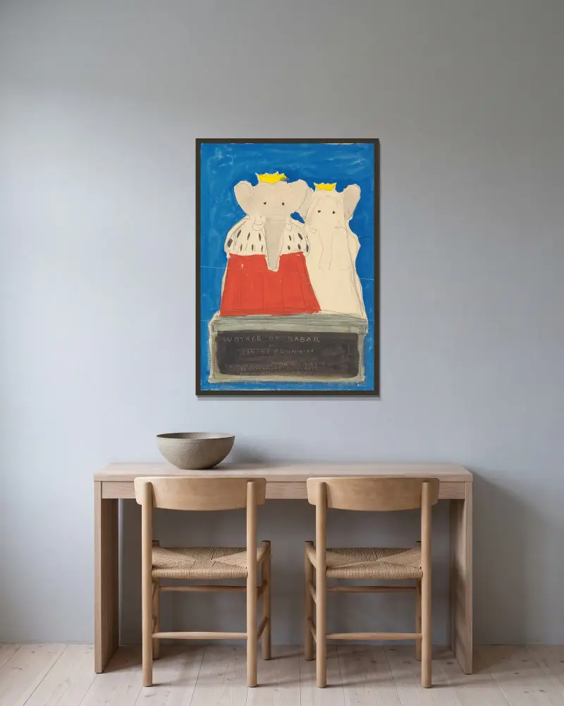 Babar reist, Tafel 1 von Jean de Brunhoff gerahmt an einer Wand